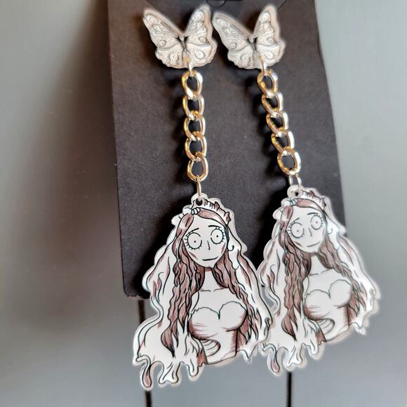 Corpse Bride Earrings Gothic Butterfly Chain Dangle Bride Halloween NWT 3.5" - Picture 8 of 12